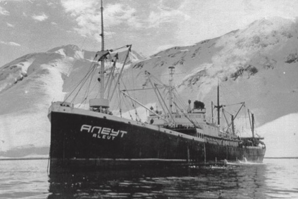 A black-and-white image of the Aleut, a whaling factory ship operated by the Soviet Union